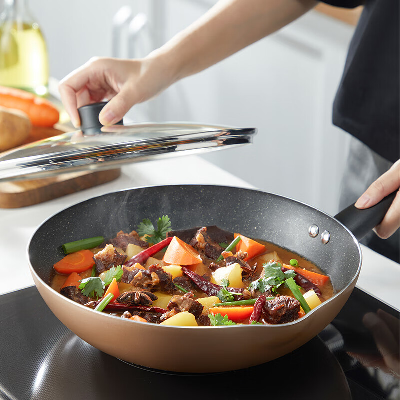 美的 炒锅不粘锅麦饭石色涂层锅炒菜锅煎炒锅 家用 香槟金28WOK302