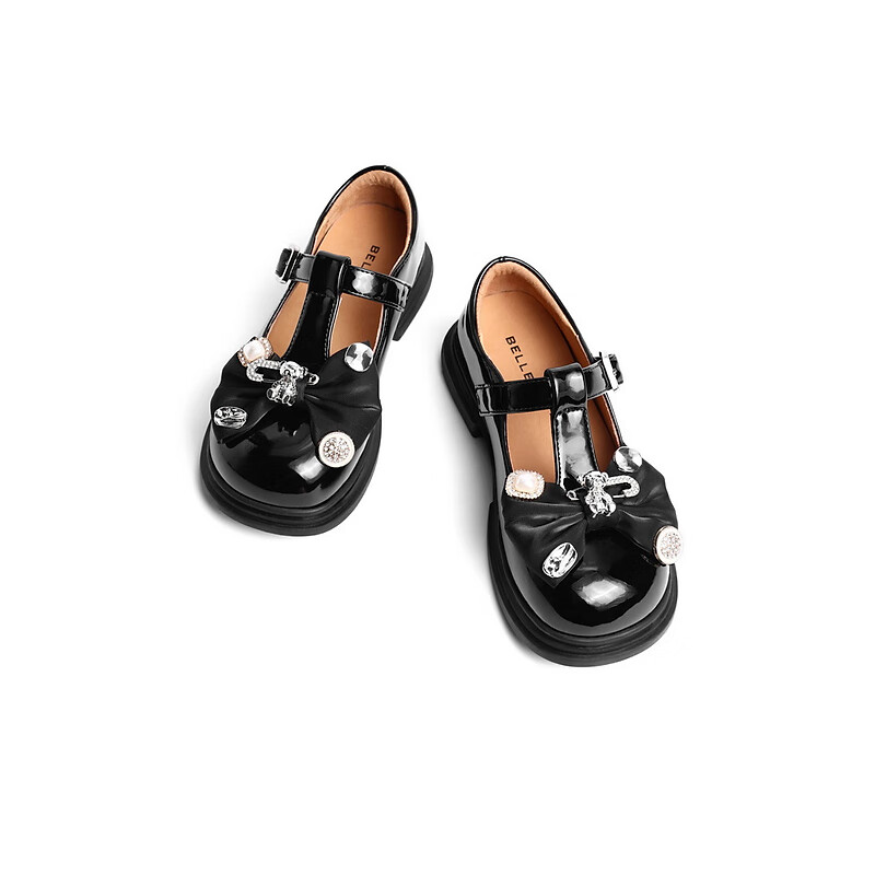 百丽质感童鞋女商场同款可爱蝴蝶结小皮鞋71120C82 黑色 34