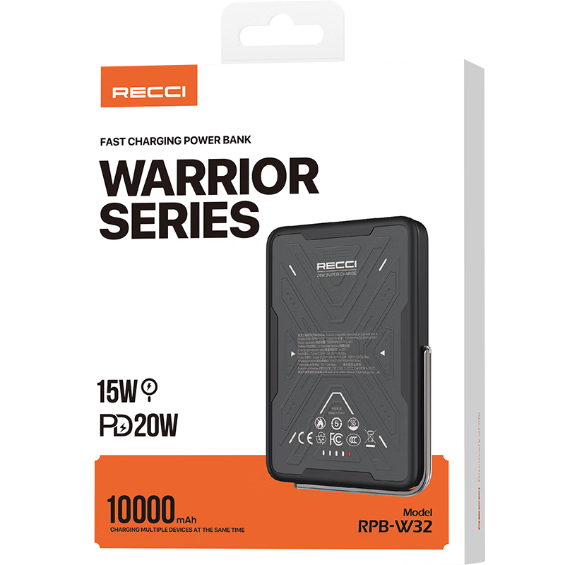 RECCI锐思RPB-W32移动电源一万毫安PD快充磁吸无线充15W充电宝适用于苹果12/13/14/15通用 黑色