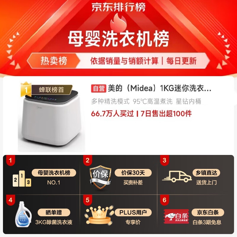 美的（Midea）1KG迷你洗衣机全自动 美的焕净内衣洗衣机小型 迷你洗衣机 婴儿洗衣机 95℃除菌净螨 MNB10-01W（影分身）