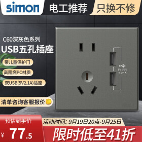 西蒙（SIMON） 开关插座面板五孔插座空调16a网络单开双控一开五孔usbC60荧光灰 五孔带双USB