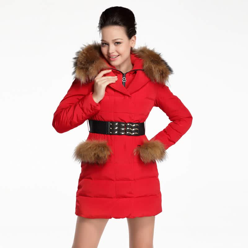 红叶精灵 秋冬新款正品女士修身外套 奢华大毛领时尚气质羽绒服女