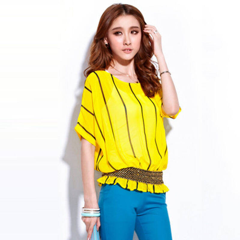 大头露2014夏装韩版雪纺休闲宽松短袖衬衫女3077# 黄色 均码