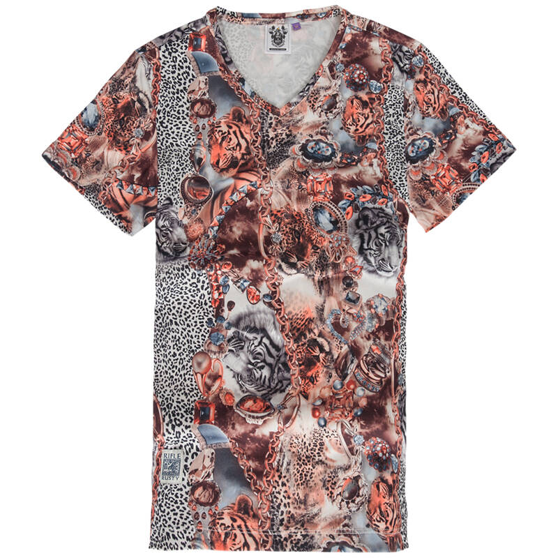 潮意虎皮 新款夏装男士短袖t恤个性碎花印花v领棉质青年修身花潮男t恤