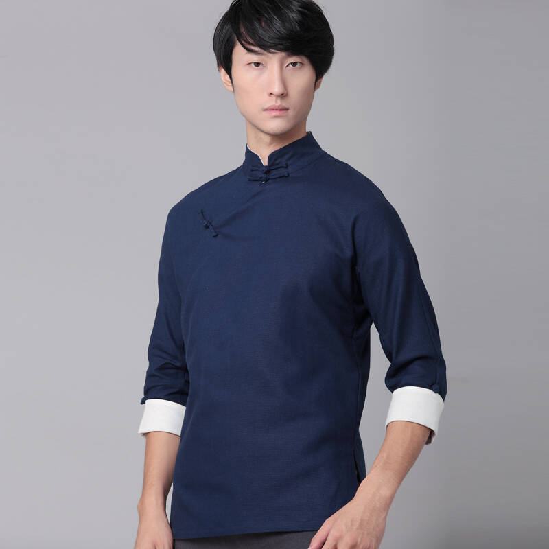 柒唐棉麻时尚唐装衬衫 斜襟盘扣汉服立领衬衣 中国风春款传统潮男民族