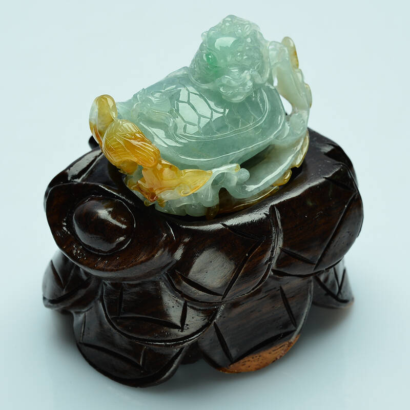 亿珍阁 翡翠冰黄飘绿龙头龟小摆件 缅甸玉器a货精品 送底座d0967