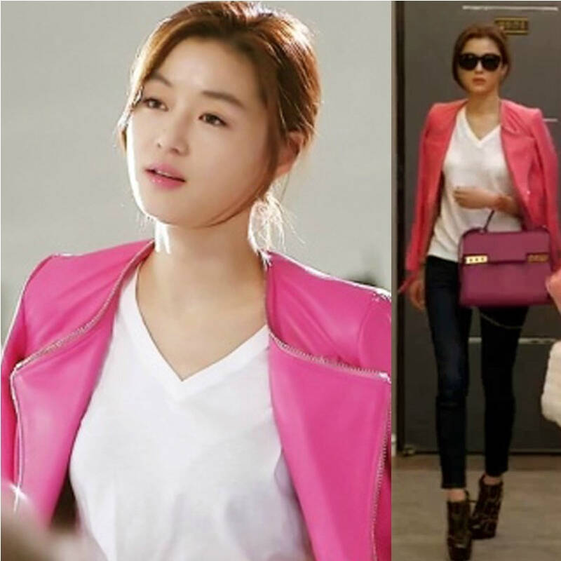 现货来自星星的你千颂伊全智贤同款皮衣 女 实物拍玫红粉红色短款 玫