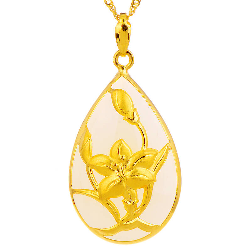 铂宝利金镶玉千足金镶和田玉百合花吊坠 淡雅百合