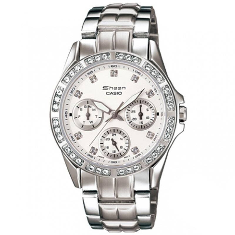 卡西欧(casio)手表sheen系列石英钢带三眼白色女表shn-3013d-7a