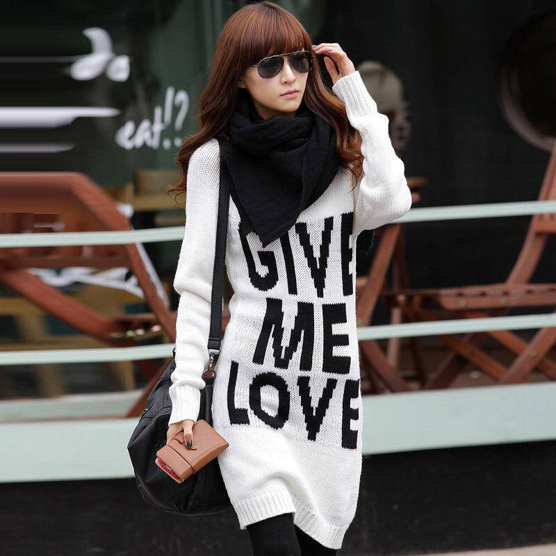 韩都衣舍 韩国2012秋装新款女装字母长袖套头长款毛衣① 白色 s