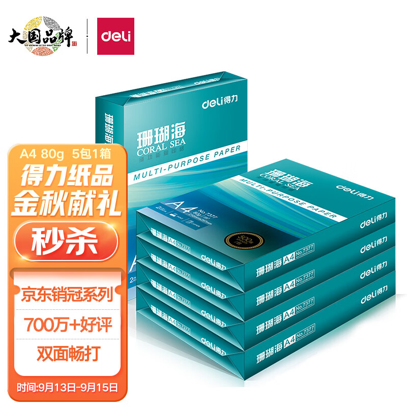 得力(deli)珊瑚海A4打印纸 80g克500张*5包一箱 京东销冠复印纸 双面加厚草稿纸  整箱2500张 7378