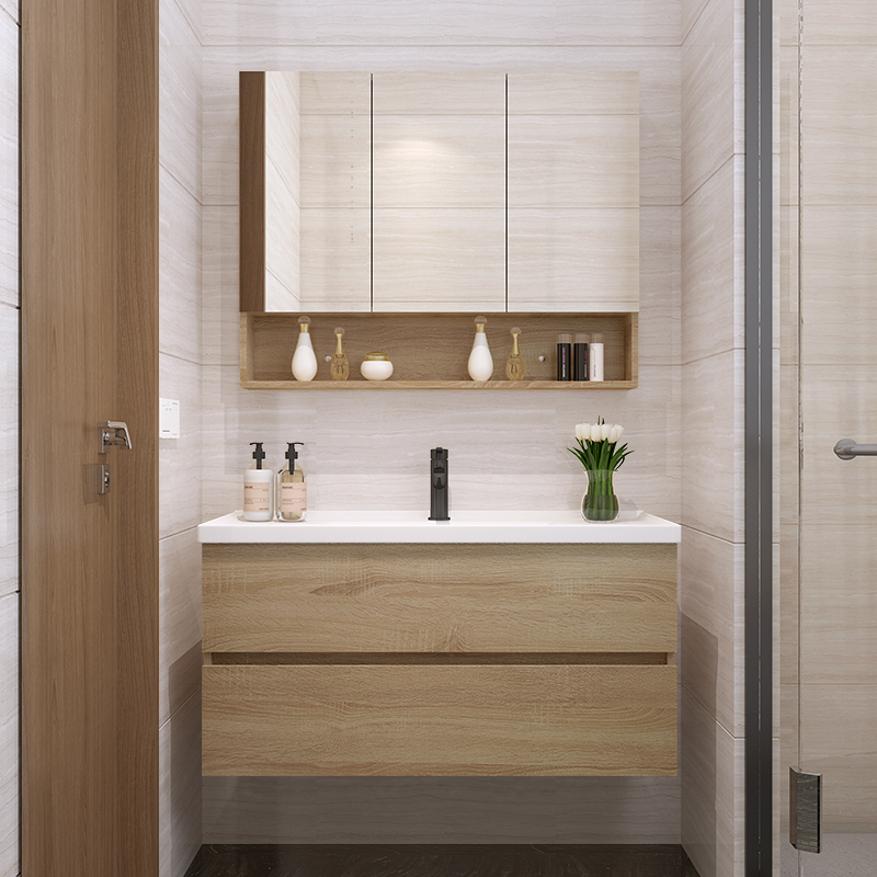 北欧现代简约浴室柜实木吊柜美式柜卫浴镜柜洗脸洗手盆柜组合80cm原木