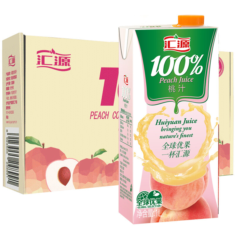 汇源果汁 100%桃汁果汁饮料1l*5盒 青春版 整箱 *3件