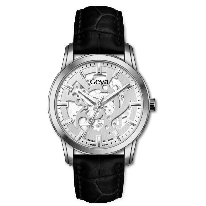 geya格雅表 机械表男款镂空表盘真皮表带全自动机械夜光防水手表男士