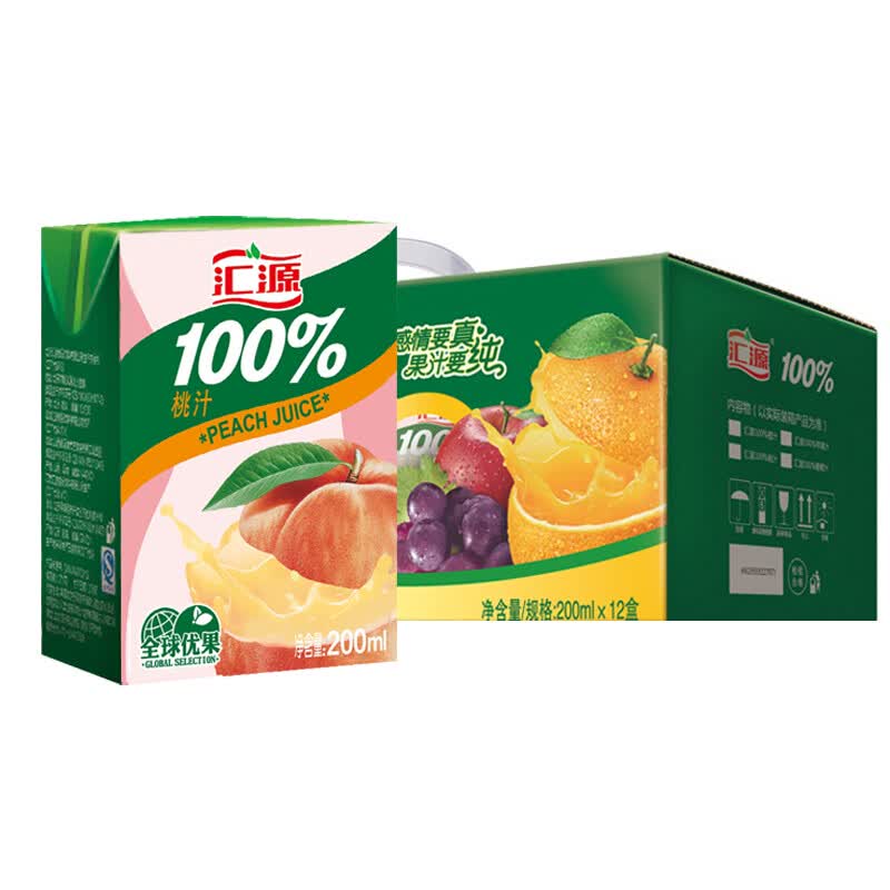 汇源100%桃汁 果汁饮料 礼盒装200ml*12盒 整箱 *3件
