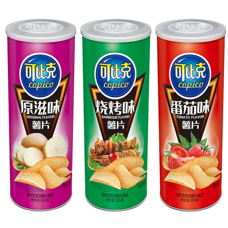 可比克 105g*3罐装薯片桶装膨化食品 办公室零食休闲食品小吃番茄味
