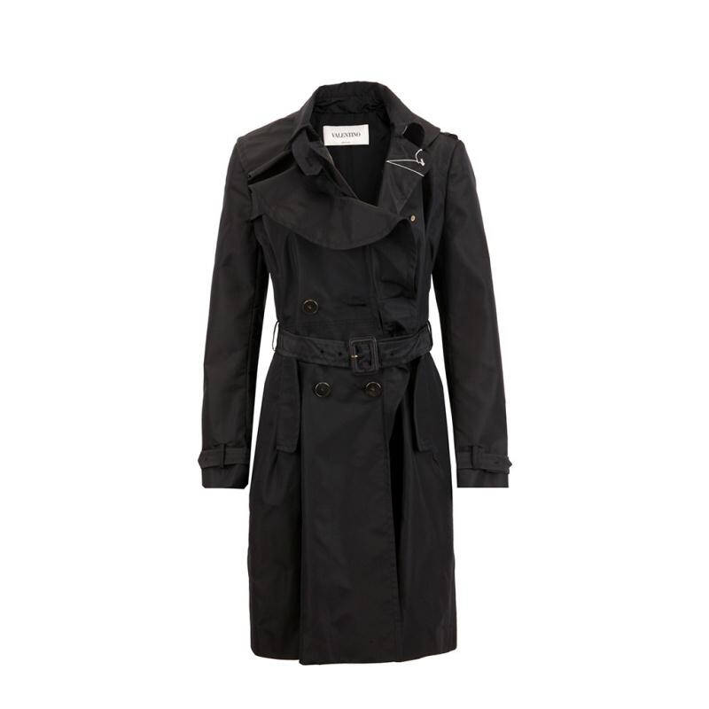 valentino华伦天奴黑色混合材质经典双排扣女士收腰风衣英码10