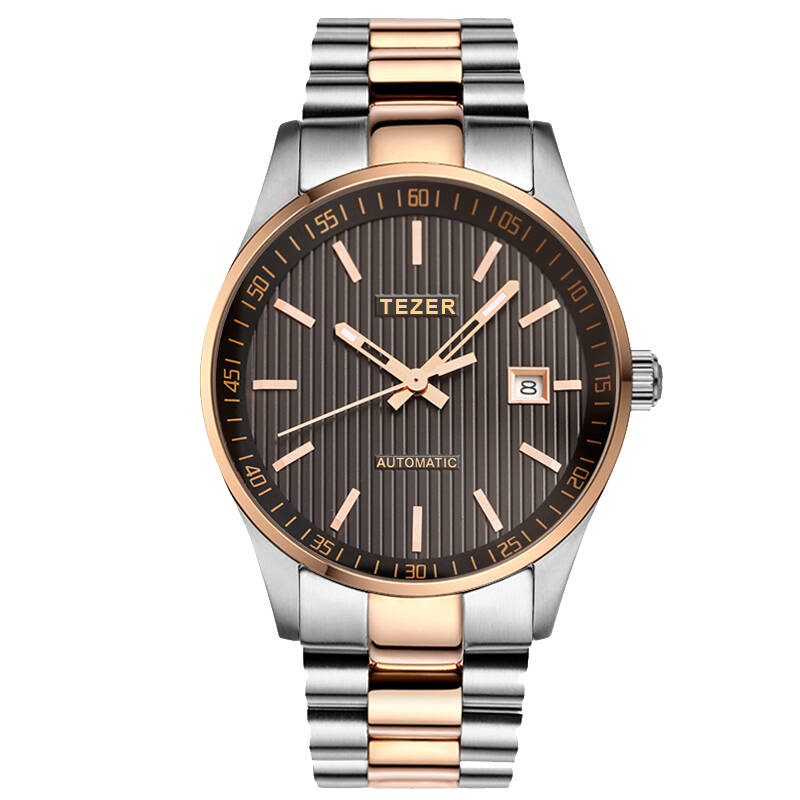 天时(tezer)手表男表全自动机械表50米深度防水t9009g 黑面玫瑰金钢带