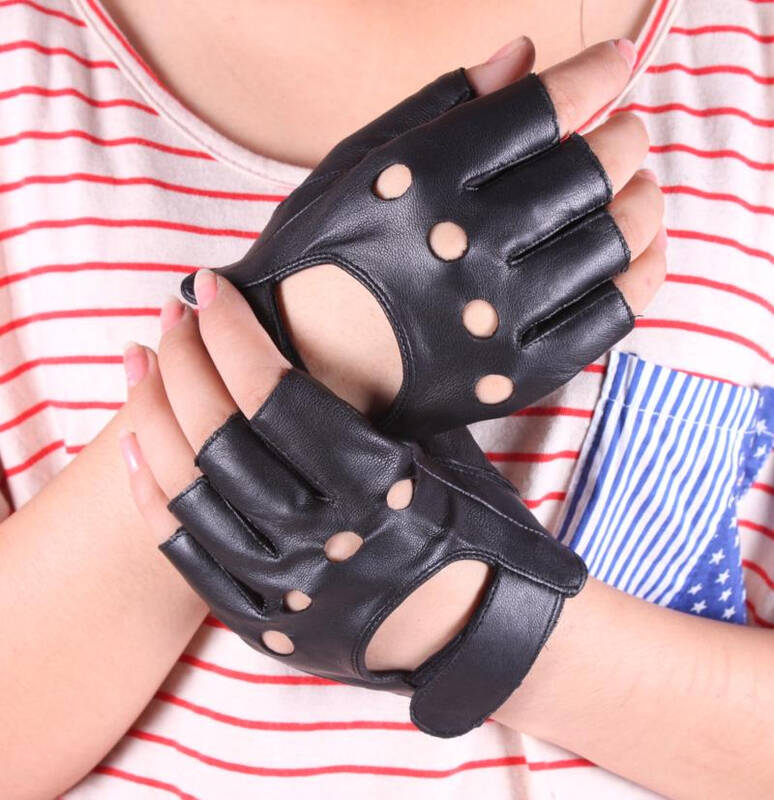 新款女士秋冬季简约露指修手羊皮手套 时尚大方半指真皮手套 黑色-m码