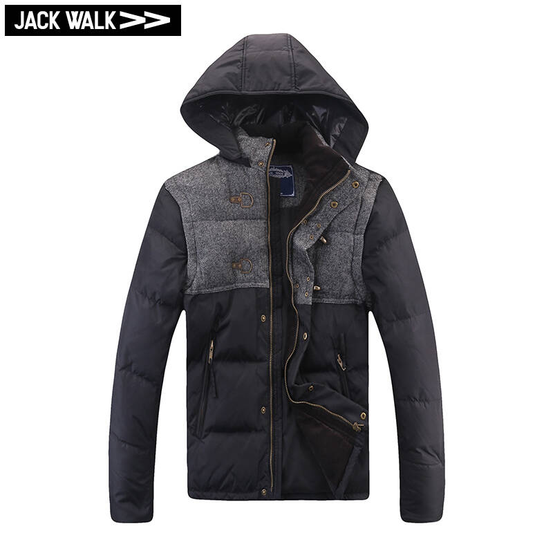 jackwalk 牛津布拼人字呢带帽修身羽绒服 y0134010