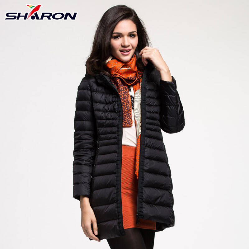 雪伦2013新款时尚女装 中长款轻薄连帽修身羽绒服63551 卡特蓝75060