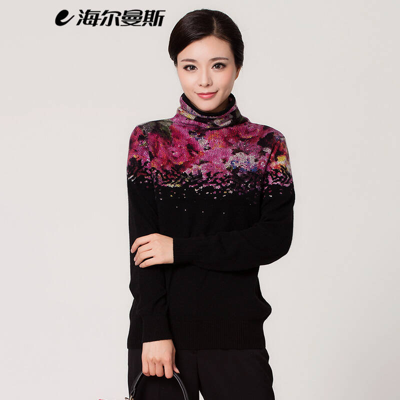 海尔曼斯2014秋冬新品女装 新款女士垛垛领长袖羊绒衫 100%山羊绒