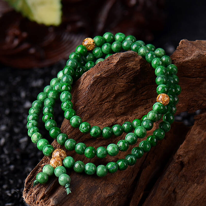 御灵珠宝 浓绿色铁龙生干青翡翠108佛珠手链金箔5mm 0204110206001
