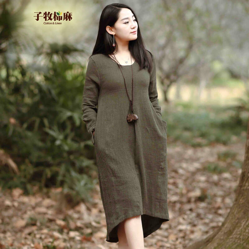 子牧棉麻2015春季女装100%亚麻文艺连衣裙新品纯色圆领中长裙8434 军