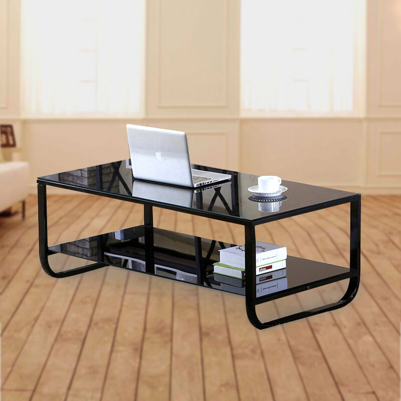 雅美乐茶几 现代简约双层钢化玻璃茶几桌 烤漆黑腿黑面 ycjs86 100*50