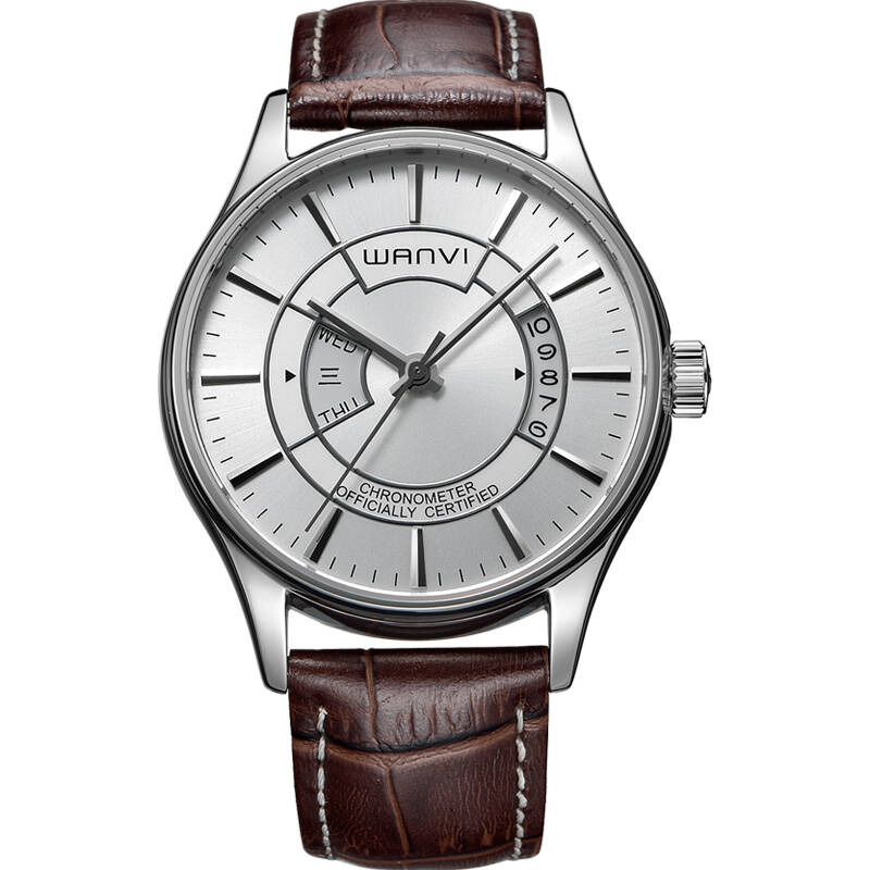 万维(wanvi)手表男士手表防水钢带时尚机械表男表 587棕皮白面