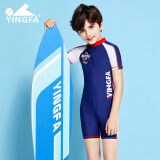 英发（YINGFA）男童连体泳衣前拉链短袖休闲玩水沙滩儿童泳衣Y0569 深蓝色 12#