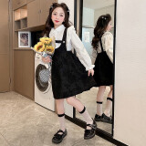 马可小熊（MAKOSBEAR）女童春装连衣裙2023新款甜美儿童裙子套装衬衫两件套春裙TN3285 黑色 140(建议身高130cm)