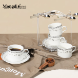 Mongdio欧式咖啡杯套装小精致拿铁杯 办公室创意陶瓷杯碟勺 欧式4杯4碟4勺+银架 套装