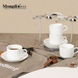 Mongdio欧式咖啡杯套装小精致拿铁杯 办公室创意陶瓷杯碟勺 纯白4杯4碟4勺+银架 套装
