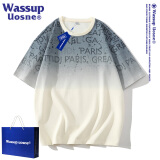 WASSUP UOSNE官方潮牌渐变色短袖t恤男士夏季休闲宽松五分袖潮流印花半袖上衣 杏蓝色 3XL