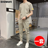 DIOULIFE 夏天男士休闲套装夏季韩版运动套装男衣服冰丝短袖T恤套装潮牌 855卡其 XL