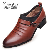 迈尔司腾男士皮鞋商务休闲高跟鞋5cm英伦韩版尖头冬季保暖加绒套脚懒人鞋 棕色--加绒皮鞋 39