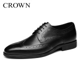 皇冠（CROWN）男鞋男士系带英伦风布洛克雕花商务头层牛皮圆头皮鞋真皮正装鞋 黑色 B168A811F2 39