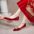 萱慕琳平底花朵婚鞋禾秀婚纱两穿孕妇红色新娘鞋2023年新款高跟鞋 红色粗跟2厘米 34