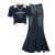 君芳雅（junfangya）夏季套装女2024新款穿搭Polo领短袖t恤上衣牛仔鱼尾半身裙两件套 蓝色 半身裙 M