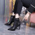 汀曼莲短靴女冬季新款尖头高跟设计感皮带扣拼接细跟瘦瘦靴 卡其色跟高8 cm 34