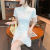 欧里洁 OLIDGE短款小个子连衣裙中国风国风复古女夏新款改良旗袍修身显瘦鱼尾裙 浅蓝色 S 80-95斤