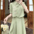 伊芙丽舒雅夏季大小码新中式设计感假两件改良旗袍裙女显瘦遮肚减龄气质套装 绿色 XL120135斤