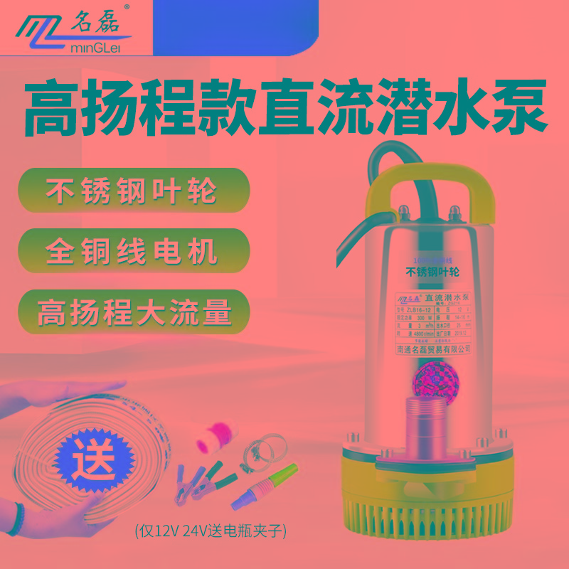 名磊12V水泵24V48V60V直流潜水泵充电电瓶车抽水机小型农用抽水泵 大电机-1寸12V3米线+礼包