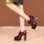 比度格林蘭品牌深口单鞋女新款四季12厘米粗跟超高防水台高跟鞋女 酒红色 34