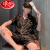浪莎（LangSha）夏季睡衣男冰丝短袖短裤薄款韩版宽松男士家居服套装 661方格黑色 L 100-120斤