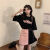 NZGLR裙子夏天女装2024夏季新款少女感甜酷套装裙短1袖可盐可甜两件套 黑色T恤+粉色半裙 M 建议85-105斤
