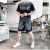 POPANAL香港潮牌2024夏季新款字母印花时尚两件套男士韩版拼色休闲套装潮 黑色套装 M(100-125斤)