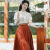 绸倩汉服中国风成人女日常穿新中式文艺国风改良装中长款套装改良连衣 红色半裙 有腰带 XS
