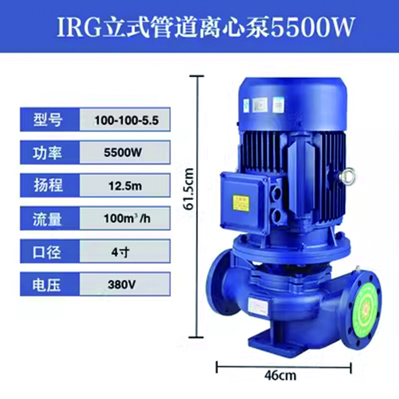 雷动 人民IRG立式管道泵三相离心泵冷却塔增压工业380V暖气循环泵铜 IRG100-100-5.5KW100吨12.5米 